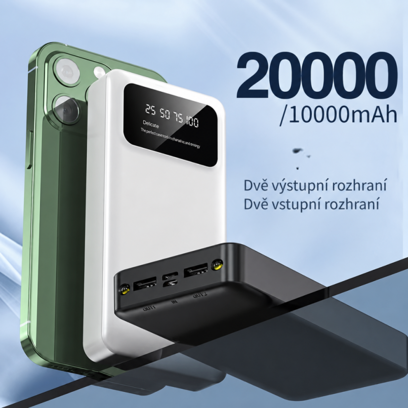 Powerbanka 10000 mAh s LED displejem a LED svítilnou