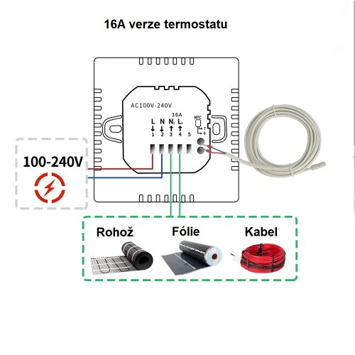 WiFi Termostat 16A, elektrické podlahové vytápění, Bílý