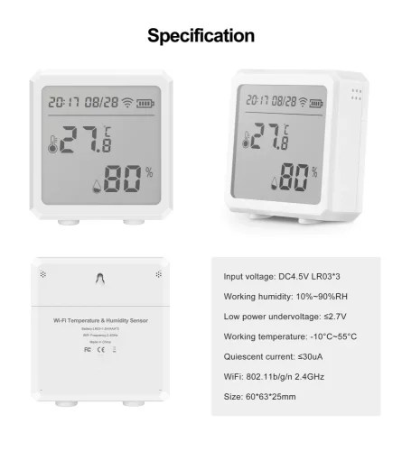 WiFi Senzor Teploty a Vlhkosti Vzduchu s LCD Displejem, Černý
