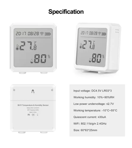 WiFi Senzor Teploty a Vlhkosti Vzduchu s LCD Displejem, Bílý