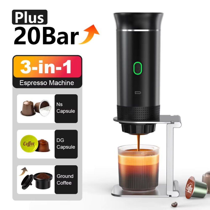 Přenosný kávovar 3v1 s 20 bar – Espresso na cesty - Barva: Černá