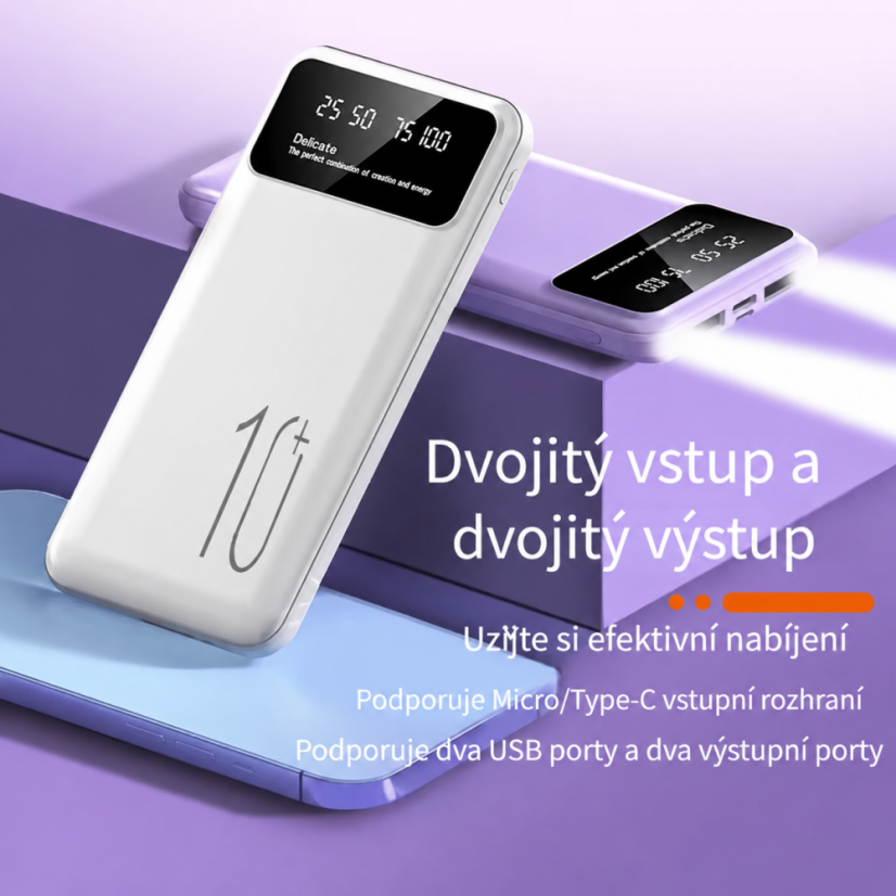 Powerbanka 10000 mAh s LED displejem a LED svítilnou