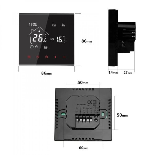 WiFi Termostat 3A, podlahové vytápění a kotle, Černý