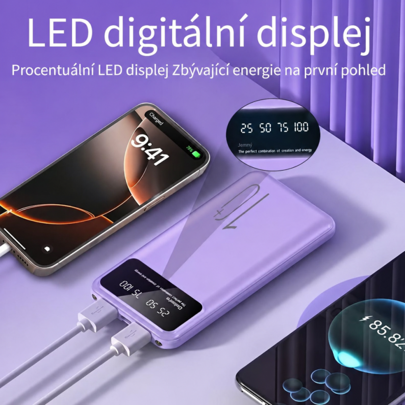 Powerbanka 10000 mAh s LED displejem a LED svítilnou